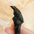 Carved wooden hair stick with black raven, Gothic hair stick with crow