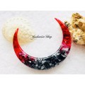 Crescent hair stick with silver foil, red and black resin, Gothic hair fork