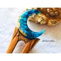 Wooden hair fork with Blue Crescent