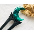 Crescent moon hair fork with black oak, green resin and silver foil, Forest Crescent