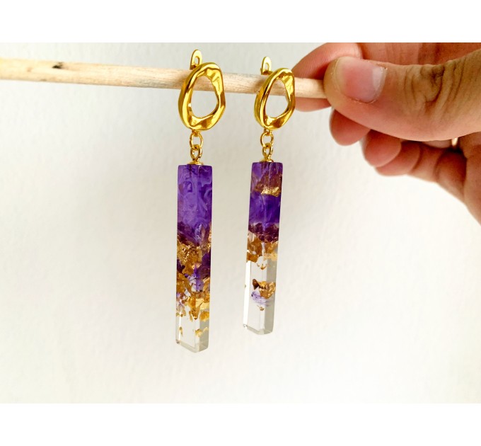 Dangle purple resin earrings • Geometric drop earrings • Resin jewelry • Resin earrings • Handmade jewelry