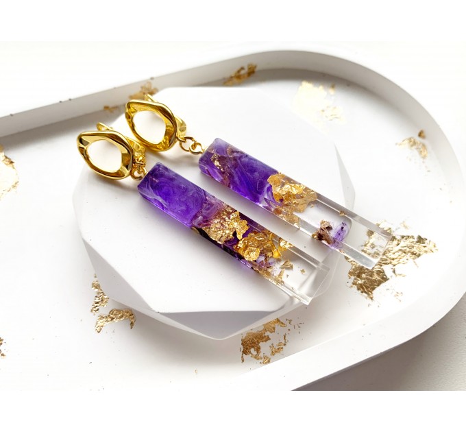 Dangle purple resin earrings • Geometric drop earrings • Resin jewelry • Resin earrings • Handmade jewelry