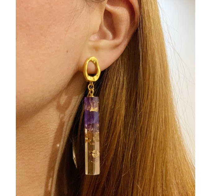 Dangle purple resin earrings • Geometric drop earrings • Resin jewelry • Resin earrings • Handmade jewelry