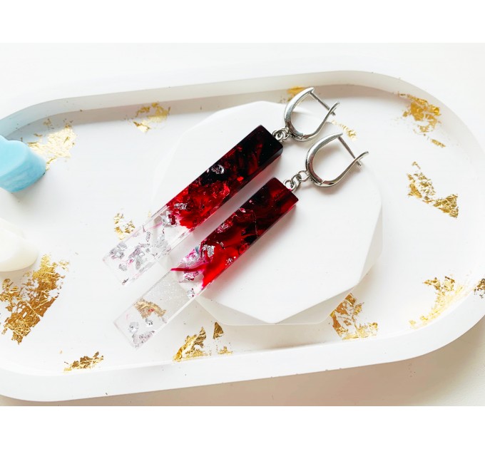 Red statement earrings with silver foil • Resin chandelier earrings • Crystal cute earrings • Handmade earrings • Boho unique earrings