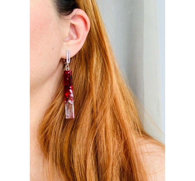 Red statement earrings with silver foil • Resin chandelier earrings • Crystal cute earrings • Handmade earrings • Boho unique earrings