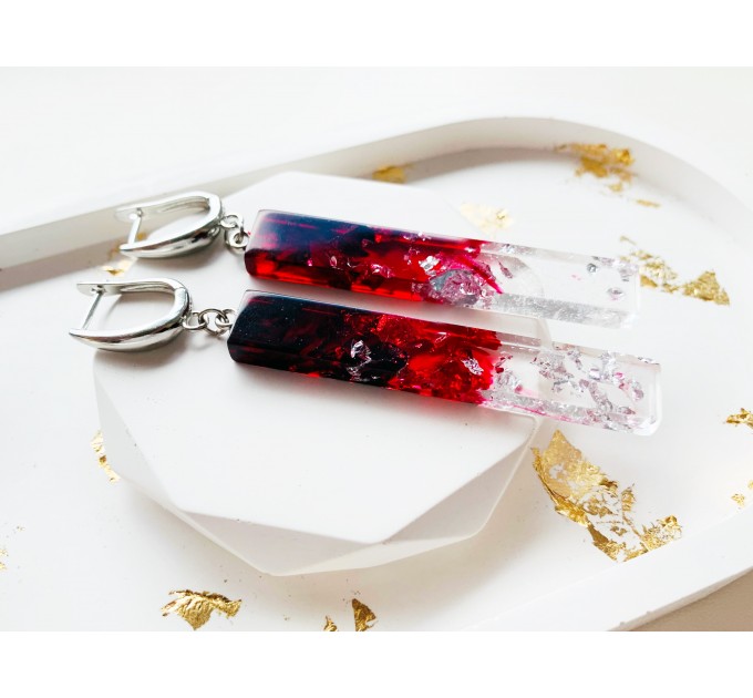 Red statement earrings with silver foil • Resin chandelier earrings • Crystal cute earrings • Handmade earrings • Boho unique earrings