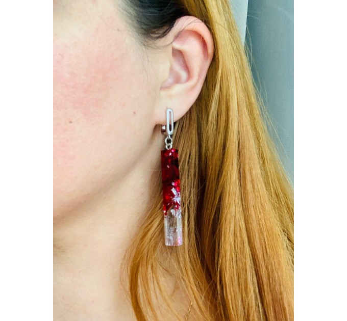 Red statement earrings with silver foil • Resin chandelier earrings • Crystal cute earrings • Handmade earrings • Boho unique earrings