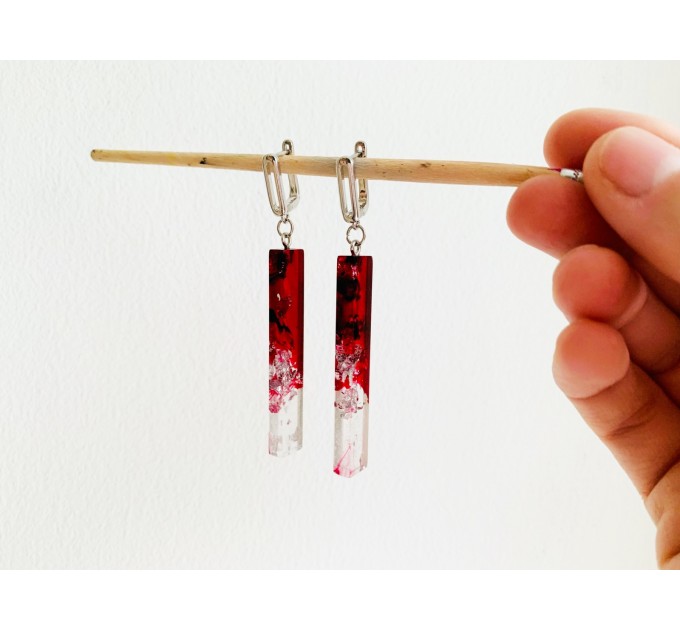 Red statement earrings with silver foil • Resin chandelier earrings • Crystal cute earrings • Handmade earrings • Boho unique earrings