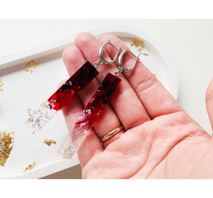 Red statement earrings with silver foil • Resin chandelier earrings • Crystal cute earrings • Handmade earrings • Boho unique earrings