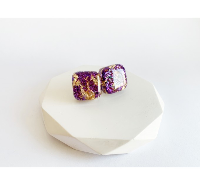 Stud resin earrings • Purple gold earrings • Sparkly lightweight cute earrings • Minimalist earrings with glitters • Handmade resin jewelry