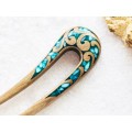 Wooden hair fork with blue stones