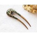 Wooden hair fork with green stones 