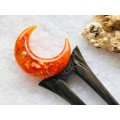 Wooden hair fork with orange crescent 