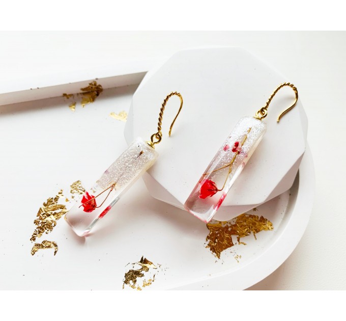 Resin Dangle Earrings • Drop Earrings with pressed real red flowers • Meditation Earrings • Wedding Earrings • Hook Earrings for women