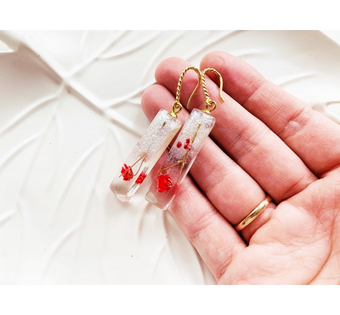 Resin Dangle Earrings • Drop Earrings with pressed real red flowers • Meditation Earrings • Wedding Earrings • Hook Earrings for women