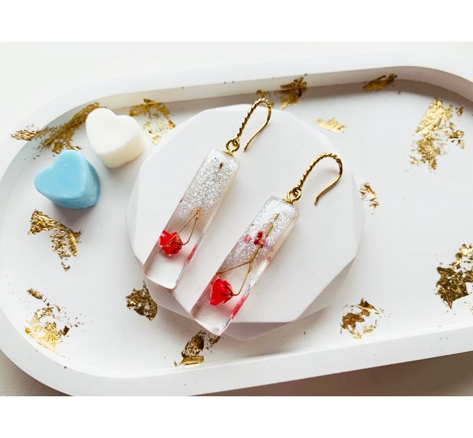 Resin Dangle Earrings • Drop Earrings with pressed real red flowers • Meditation Earrings • Wedding Earrings • Hook Earrings for women