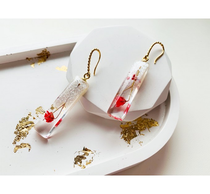 Resin Dangle Earrings • Drop Earrings with pressed real red flowers • Meditation Earrings • Wedding Earrings • Hook Earrings for women