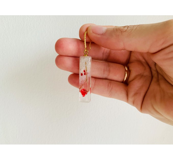 Resin Dangle Earrings • Drop Earrings with pressed real red flowers • Meditation Earrings • Wedding Earrings • Hook Earrings for women