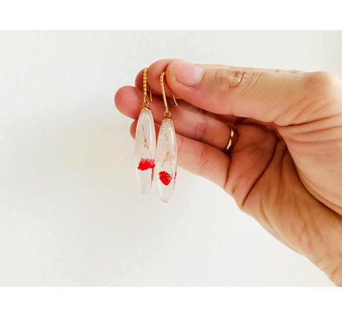 Resin Dangle Earrings • Drop Earrings with pressed real red flowers • Meditation Earrings • Wedding Earrings • Hook Earrings for women