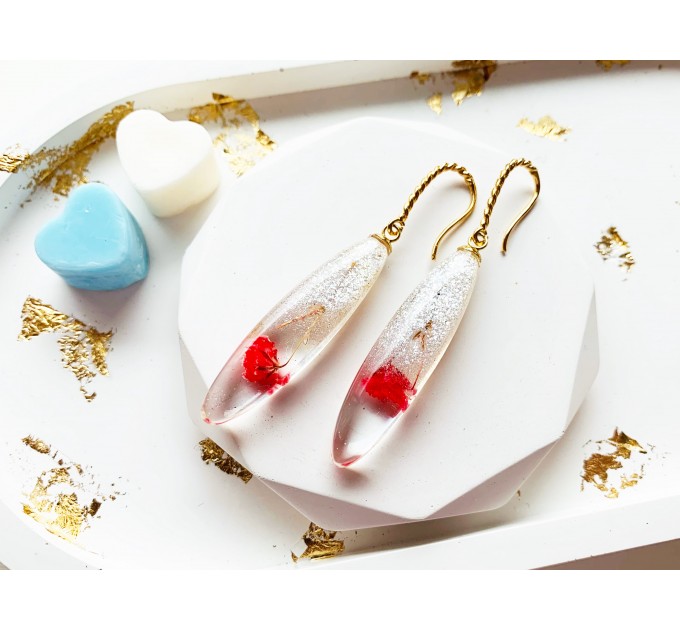 Resin Dangle Earrings • Drop Earrings with pressed real red flowers • Meditation Earrings • Wedding Earrings • Hook Earrings for women