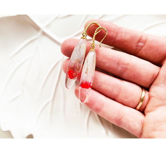 Resin Dangle Earrings • Drop Earrings with pressed real red flowers • Meditation Earrings • Wedding Earrings • Hook Earrings for women