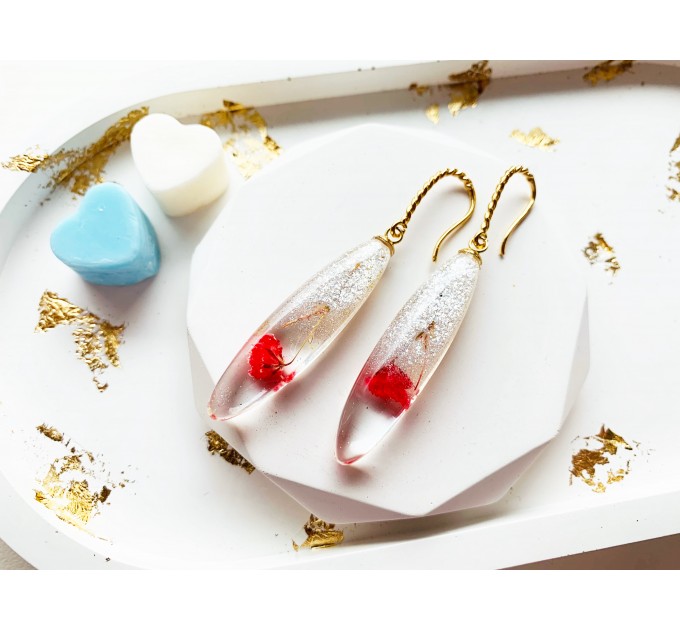 Resin Dangle Earrings • Drop Earrings with pressed real red flowers • Meditation Earrings • Wedding Earrings • Hook Earrings for women