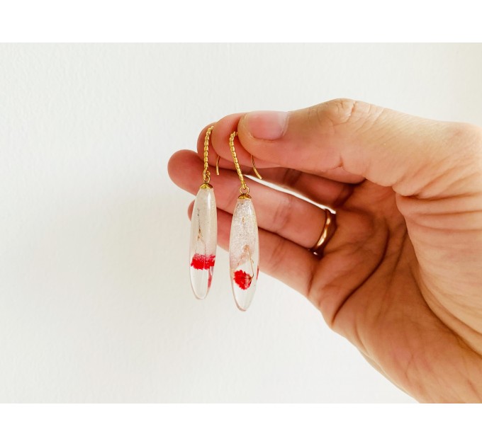 Resin Dangle Earrings • Drop Earrings with pressed real red flowers • Meditation Earrings • Wedding Earrings • Hook Earrings for women