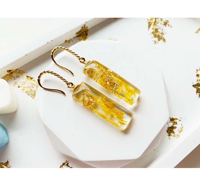 Resin Dangle Earrings • Drop Earrings with pressed real yellow flowers • Meditation Earrings • Wedding Earrings • Hook Earrings for women