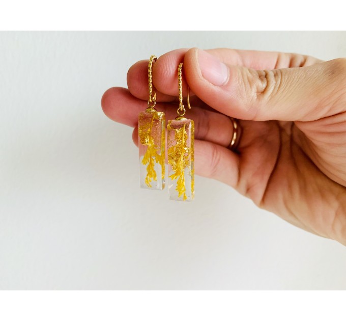 Resin Dangle Earrings • Drop Earrings with pressed real yellow flowers • Meditation Earrings • Wedding Earrings • Hook Earrings for women