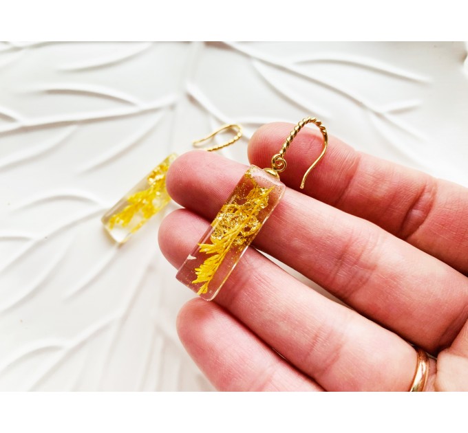 Resin Dangle Earrings • Drop Earrings with pressed real yellow flowers • Meditation Earrings • Wedding Earrings • Hook Earrings for women