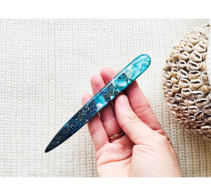 Short aqua blue hair stick with mother of pearl