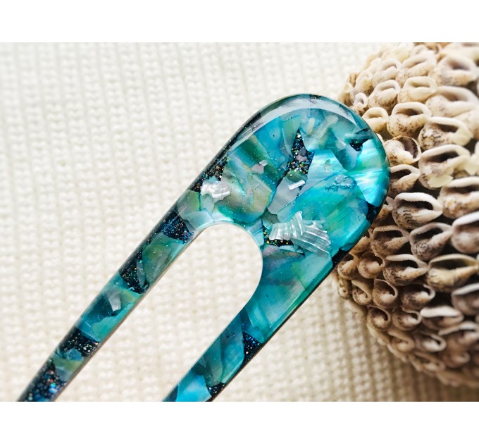 Resin hair fork with aqua blue seashells and wood 