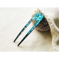 Resin hair fork with aqua blue seashells and wood 