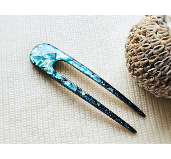 Resin hair fork with aqua blue seashells and wood 