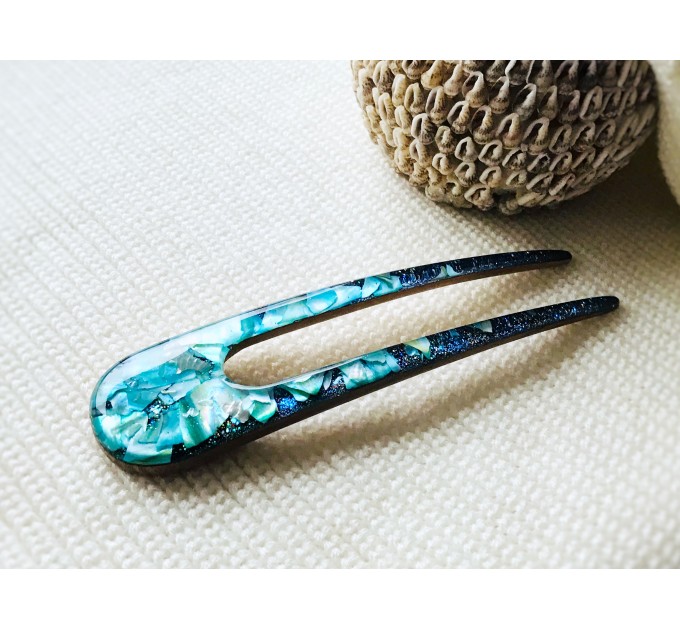 Resin hair fork with aqua blue seashells and wood 