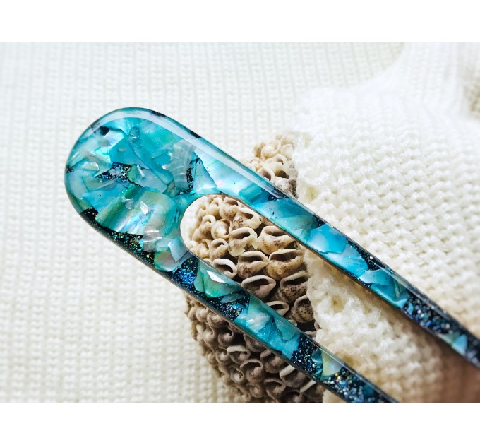 Resin hair fork with aqua blue seashells and wood 