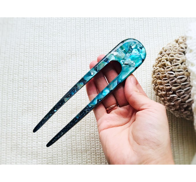 Resin hair fork with aqua blue seashells and wood 