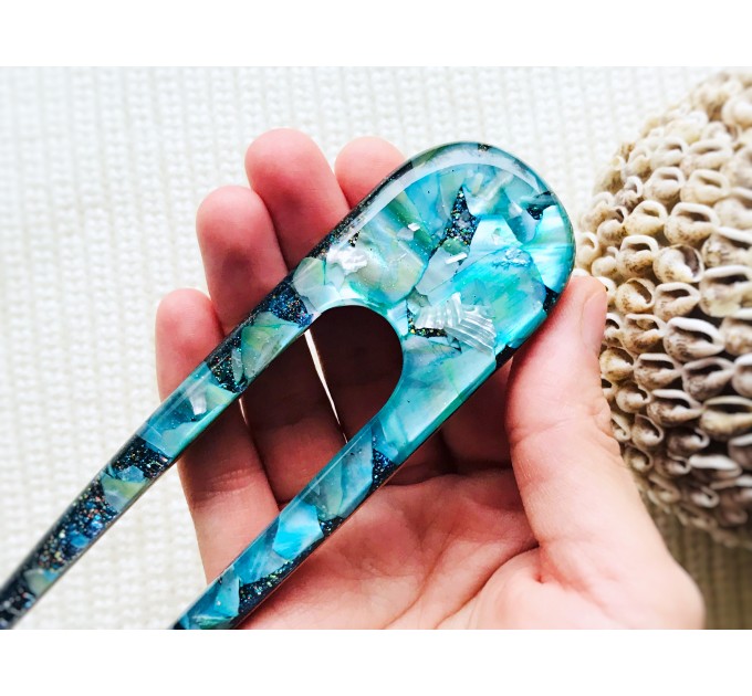 Resin hair fork with aqua blue seashells and wood 