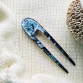 Resin hair fork with cold blue seashells and wood 