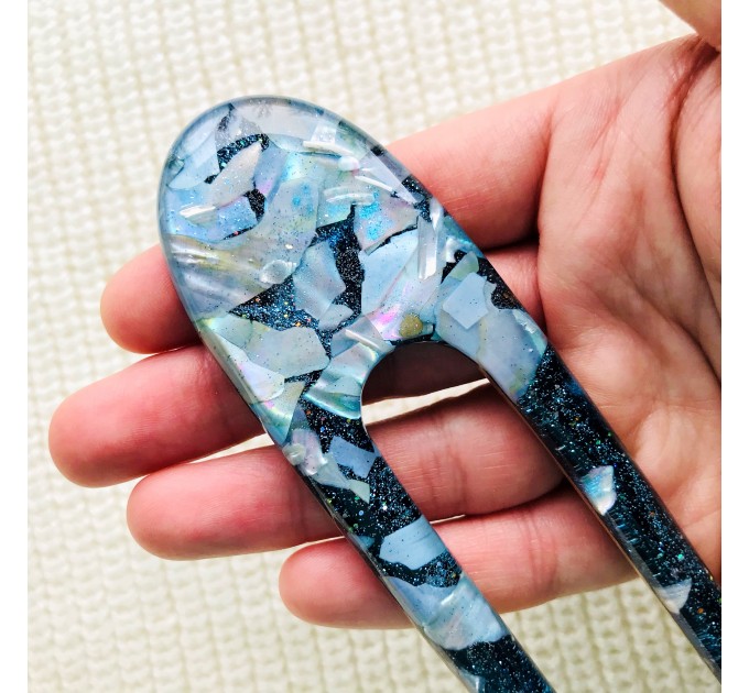 Resin hair fork with cold blue seashells and wood 