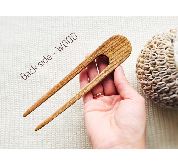 Hair fork with green seashells and wood