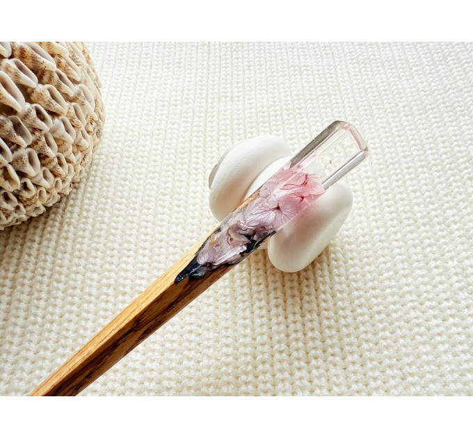 Wooden hair stick with purple flowers 