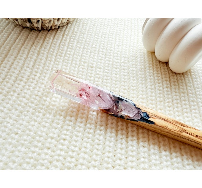 Wooden hair stick with purple flowers 