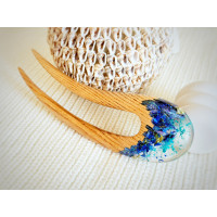 Wooden hair fork with blue flowers 