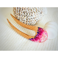 Wooden hair fork with pink flowers 