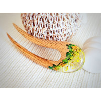 Wooden hair fork with yellow flowers 